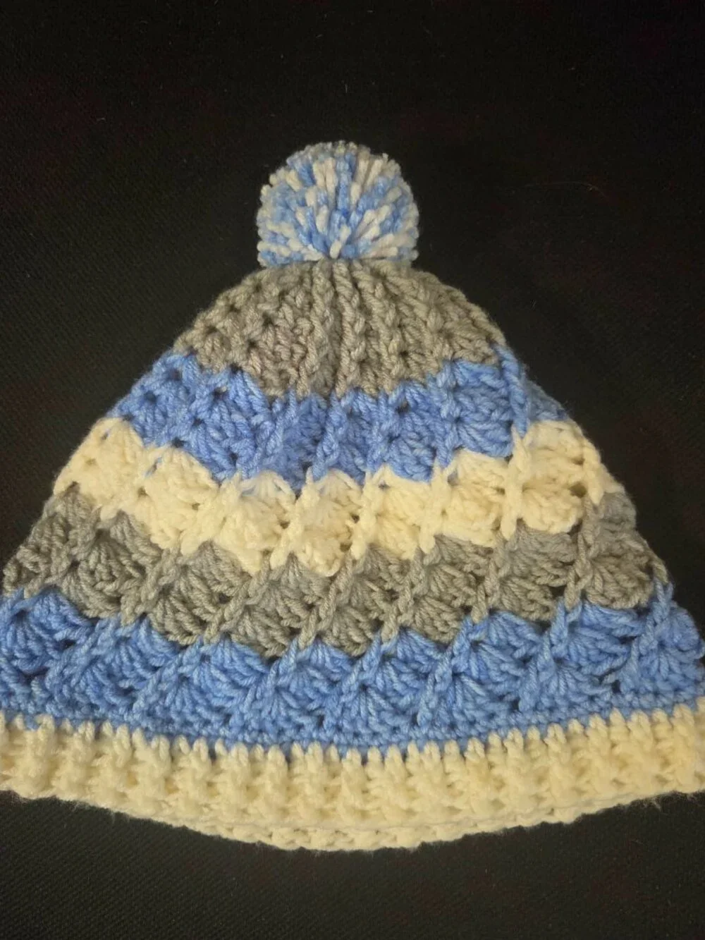 Handmade Crochet Pom Pom Beanie Hat Blue Grey Cream Stripe Winter Cap Cozy L